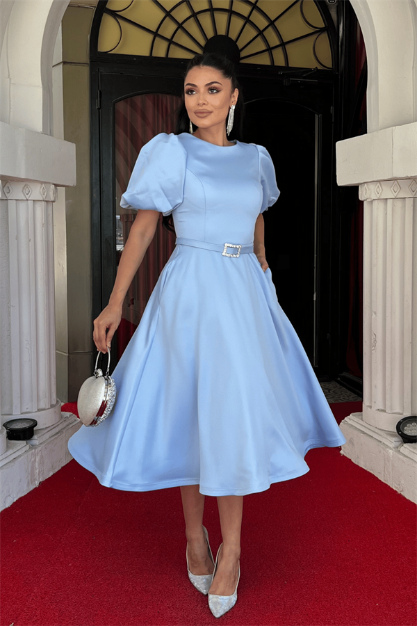 Saten Kumaş Kemer Detaylı Midi Elbise - BEBE MAVİSİ