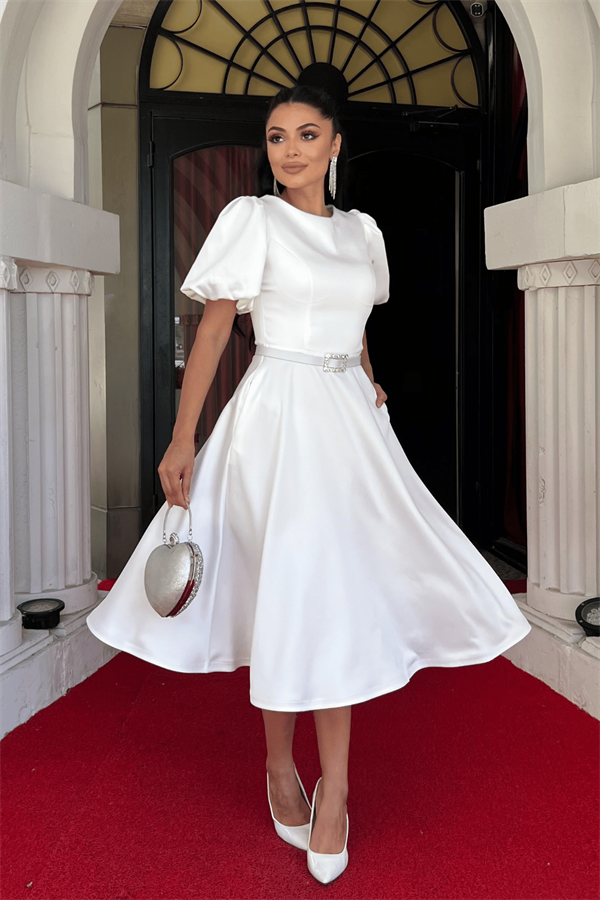 Saten Kumaş Kemer Detaylı Midi Elbise - BEYAZ