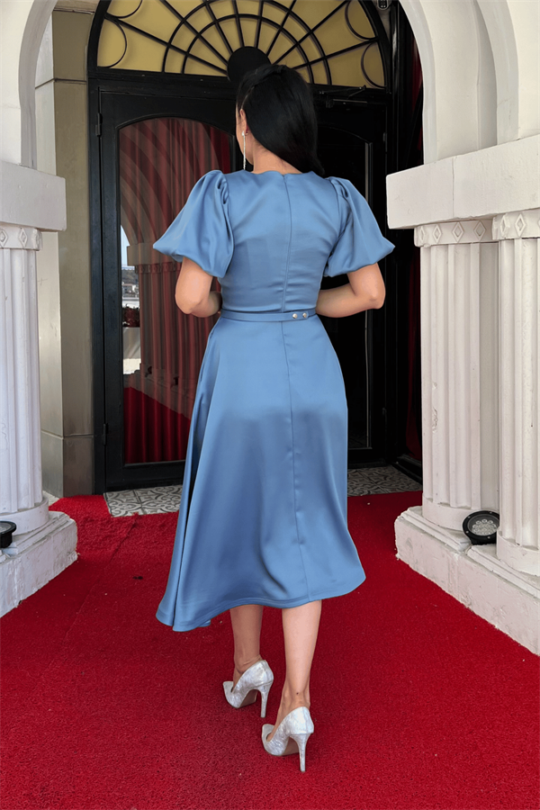 Saten Kumaş Kemer Detaylı Midi Elbise - İNDİGO MAVİ