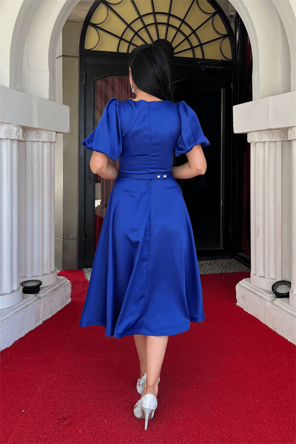 Saten Kumaş Kemer Detaylı Midi Elbise - SAKS MAVİ