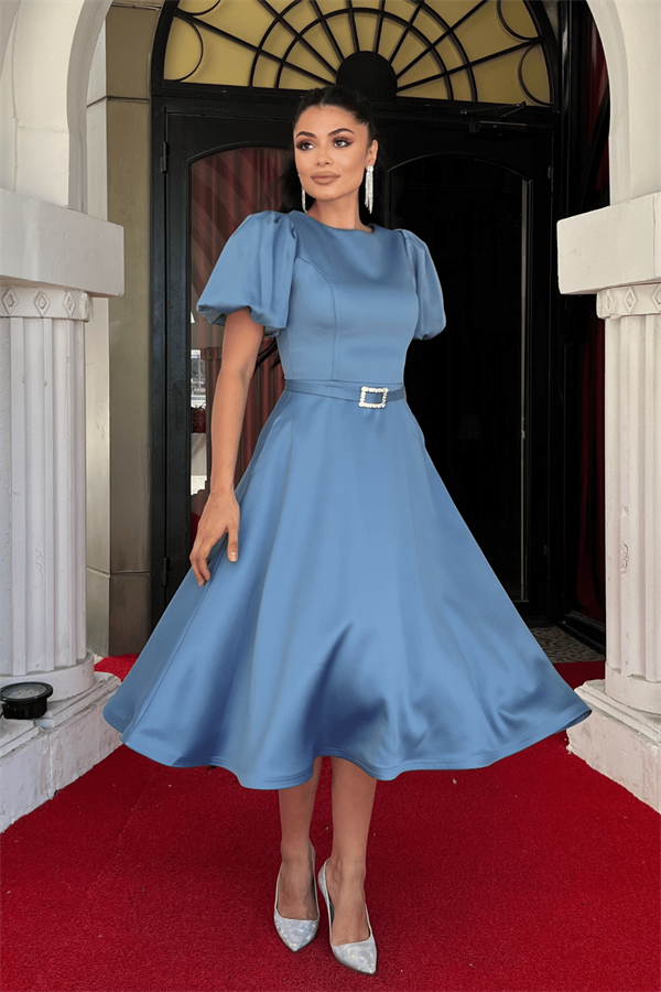 Saten Kumaş Kemer Detaylı Midi Elbise - İNDİGO MAVİ