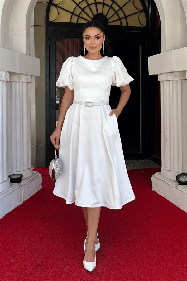 Saten Kumaş Kemer Detaylı Midi Elbise - BEYAZ