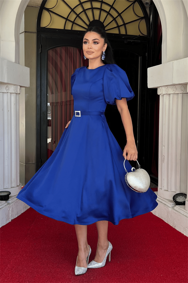 Saten Kumaş Kemer Detaylı Midi Elbise - SAKS MAVİ