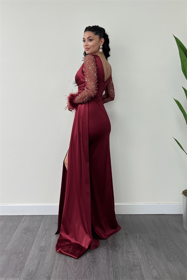 Saten Kumaş Kolları Otrişli Boncuk Detaylı Balık Elbise - BORDO