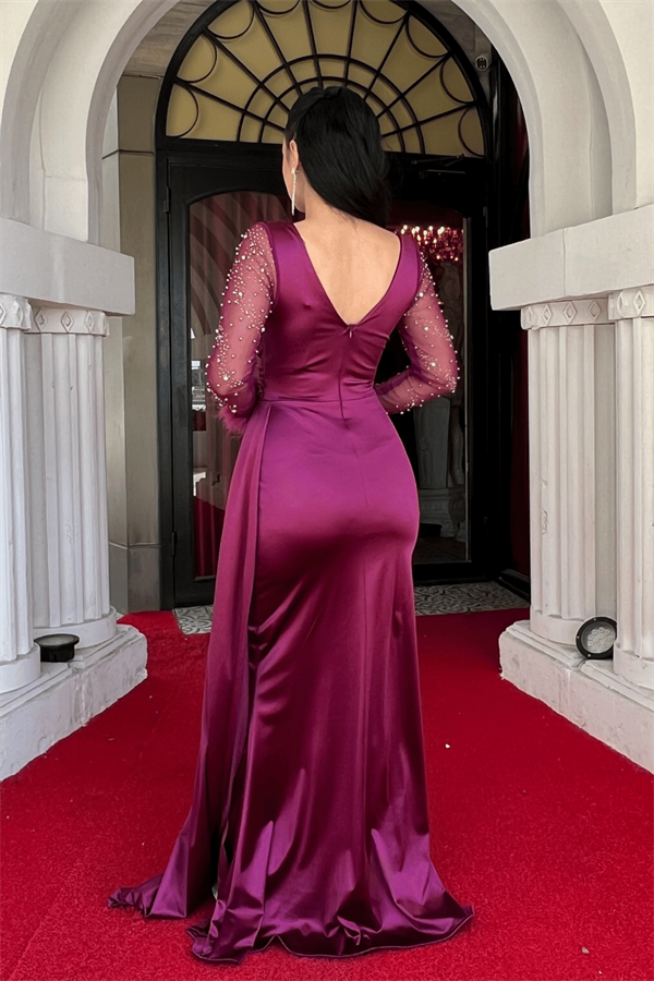 Saten Kumaş Kolları Otrişli Boncuk Detaylı Balık Elbise - PATLICAN MOR