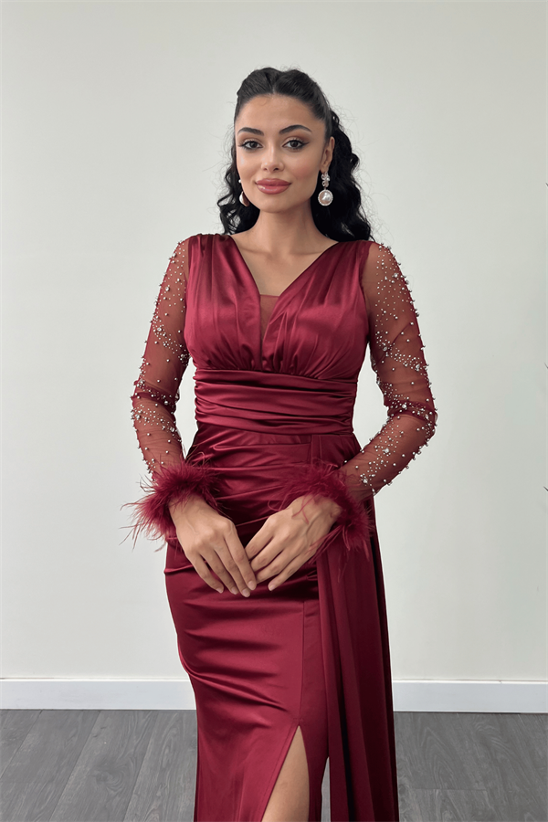 Saten Kumaş Kolları Otrişli Boncuk Detaylı Balık Elbise - BORDO