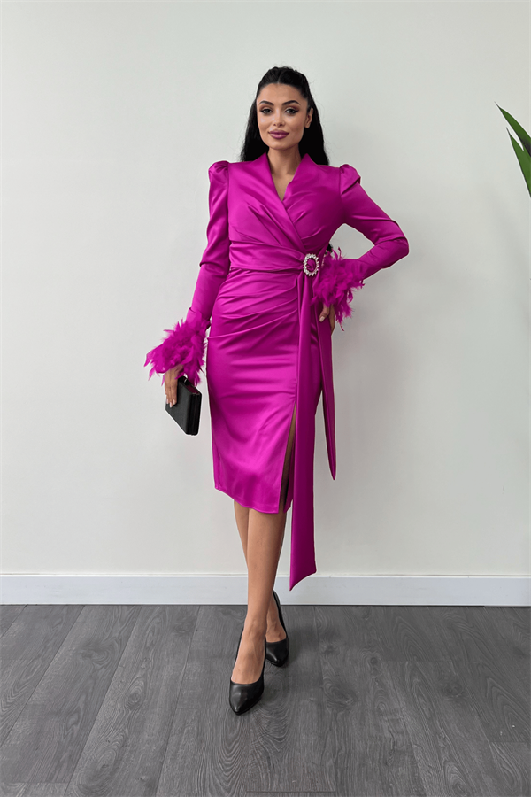 Saten Kumaş Otriş Detaylı Kalem Elbise - FUŞYA