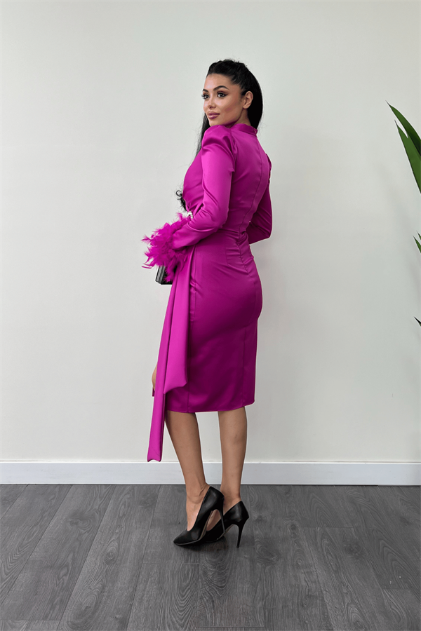 Saten Kumaş Otriş Detaylı Kalem Elbise - FUŞYA