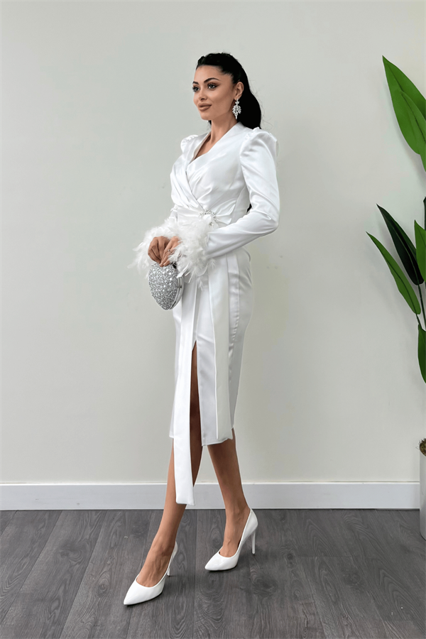 Saten Kumaş Otriş Detaylı Kalem Elbise - BEYAZ