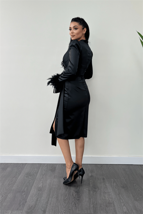 Saten Kumaş Otriş Detaylı Kalem Elbise - SİYAH