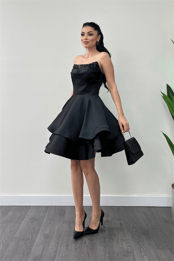 Saten Kumaş Payet Detaylı Straplez Mini Elbise - SİYAH