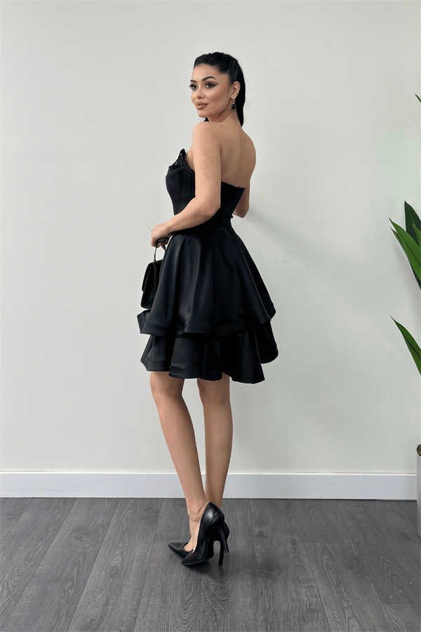 Saten Kumaş Payet Detaylı Straplez Mini Elbise - SİYAH