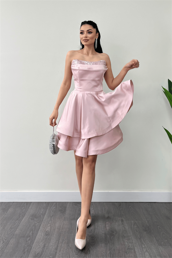 Saten Kumaş Payet Detaylı Straplez Mini Elbise - PUDRA