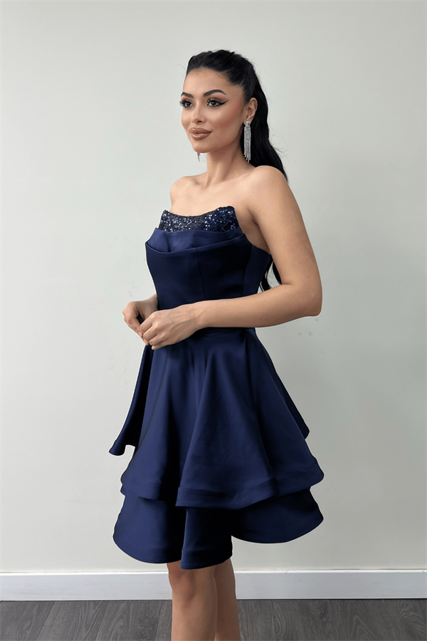 Saten Kumaş Payet Detaylı Straplez Mini Elbise - LACİVERT