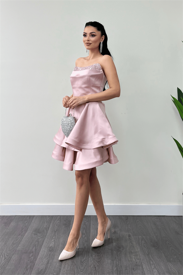 Saten Kumaş Payet Detaylı Straplez Mini Elbise - PUDRA