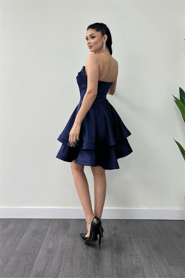 Saten Kumaş Payet Detaylı Straplez Mini Elbise - LACİVERT