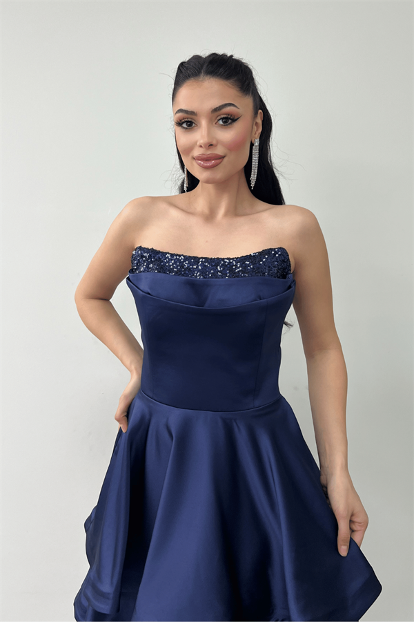Saten Kumaş Payet Detaylı Straplez Mini Elbise - LACİVERT
