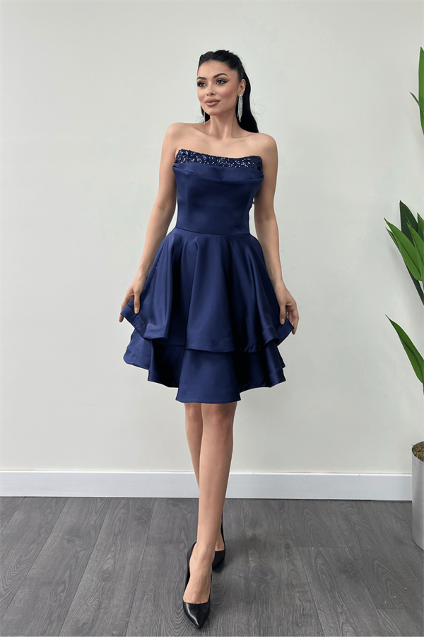 Saten Kumaş Payet Detaylı Straplez Mini Elbise - LACİVERT
