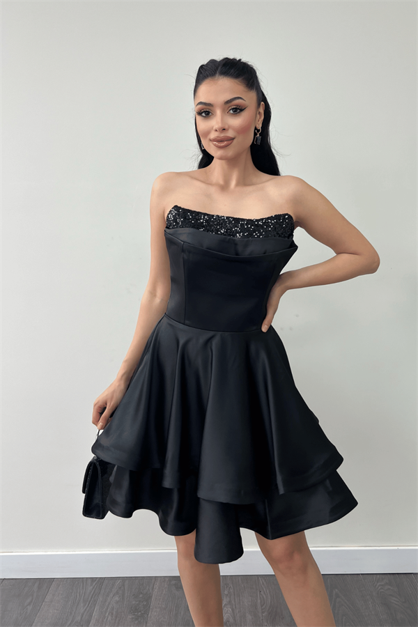 Saten Kumaş Payet Detaylı Straplez Mini Elbise - SİYAH