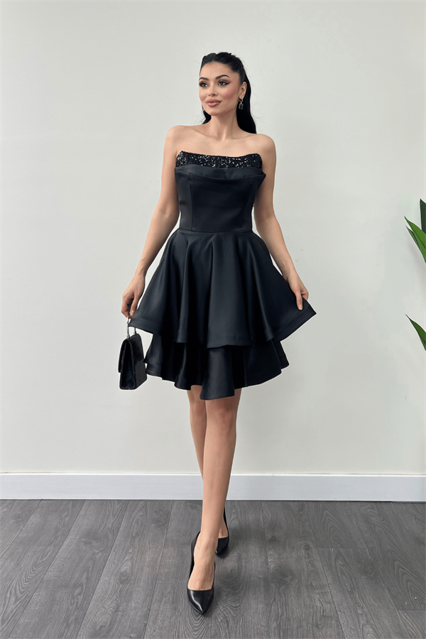 Saten Kumaş Payet Detaylı Straplez Mini Elbise - SİYAH