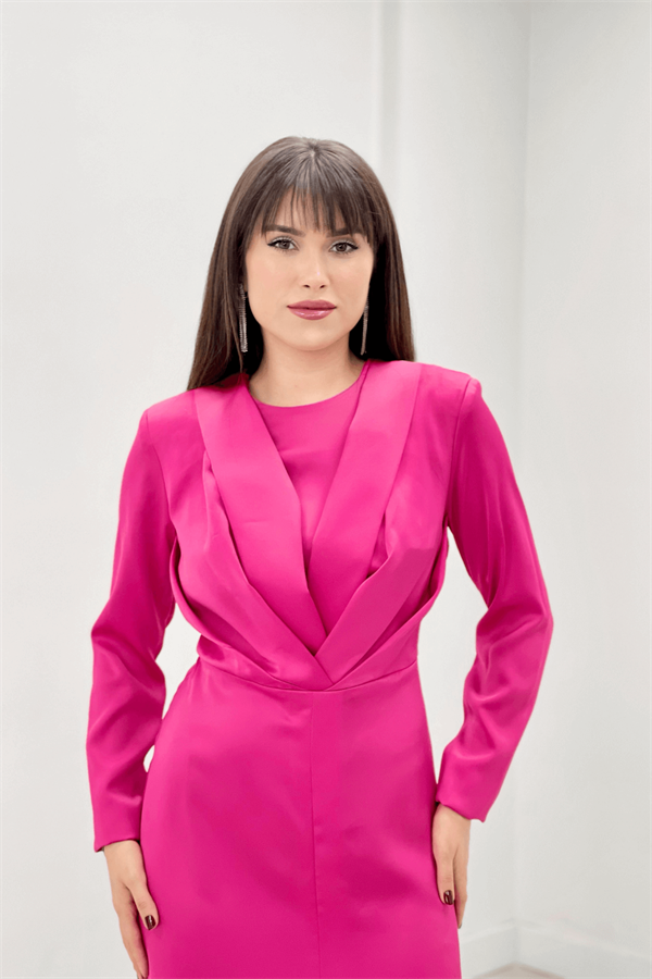 Saten Kumaş Pile Detaylı Tesettür Abiye Elbise - FUŞYA