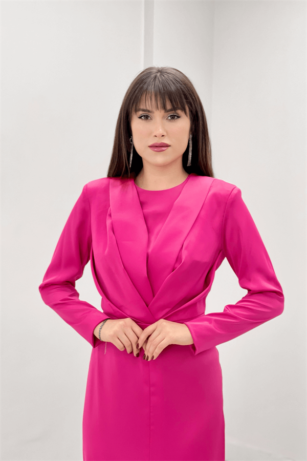 Saten Kumaş Pile Detaylı Tesettür Abiye Elbise - FUŞYA