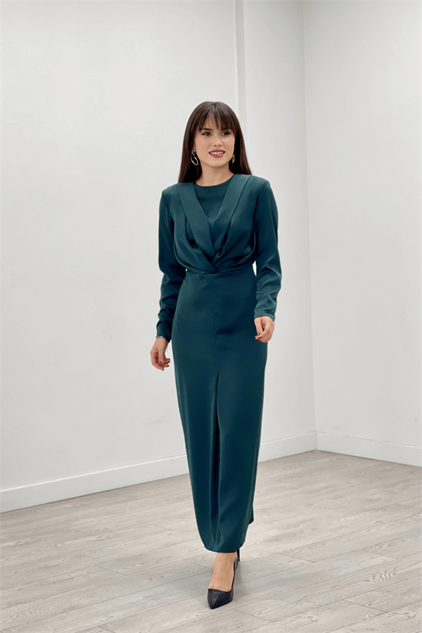 Saten Kumaş Pile Detaylı Tesettür Abiye Elbise - ZÜMRÜT YEŞİL