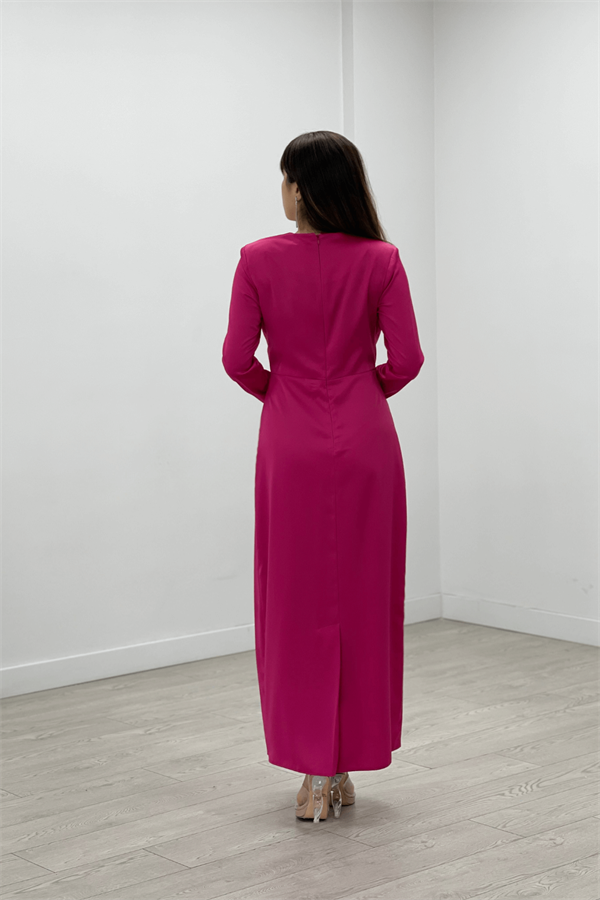 Saten Kumaş Pile Detaylı Tesettür Abiye Elbise - FUŞYA