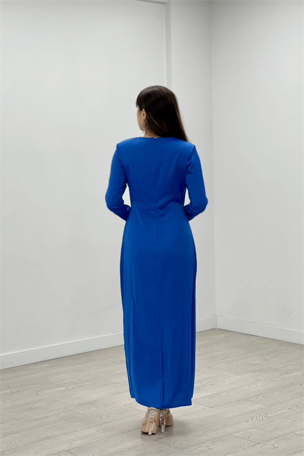 Saten Kumaş Pile Detaylı Tesettür Abiye Elbise - SAKS MAVİ