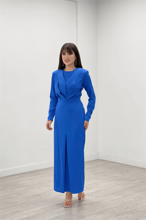 Saten Kumaş Pile Detaylı Tesettür Abiye Elbise - SAKS MAVİ