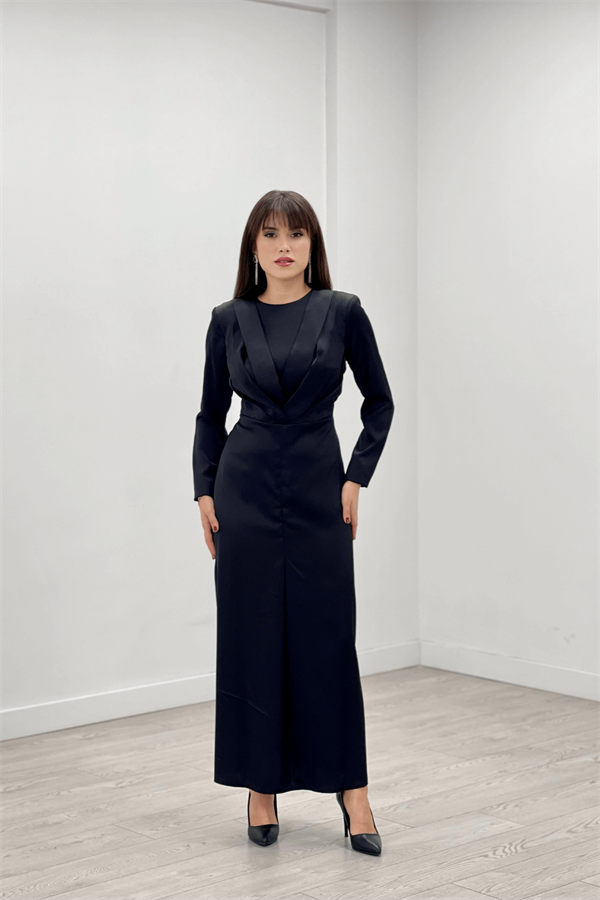 Saten Kumaş Pile Detaylı Tesettür Abiye Elbise - SİYAH