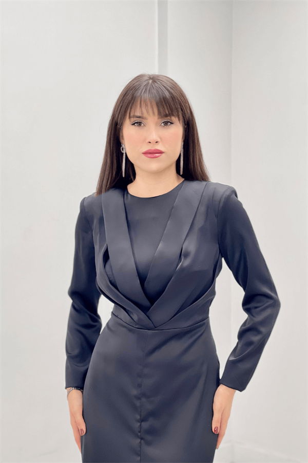 Saten Kumaş Pile Detaylı Tesettür Abiye Elbise - SİYAH