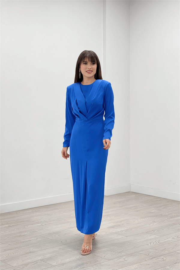 Saten Kumaş Pile Detaylı Tesettür Abiye Elbise - SAKS MAVİ