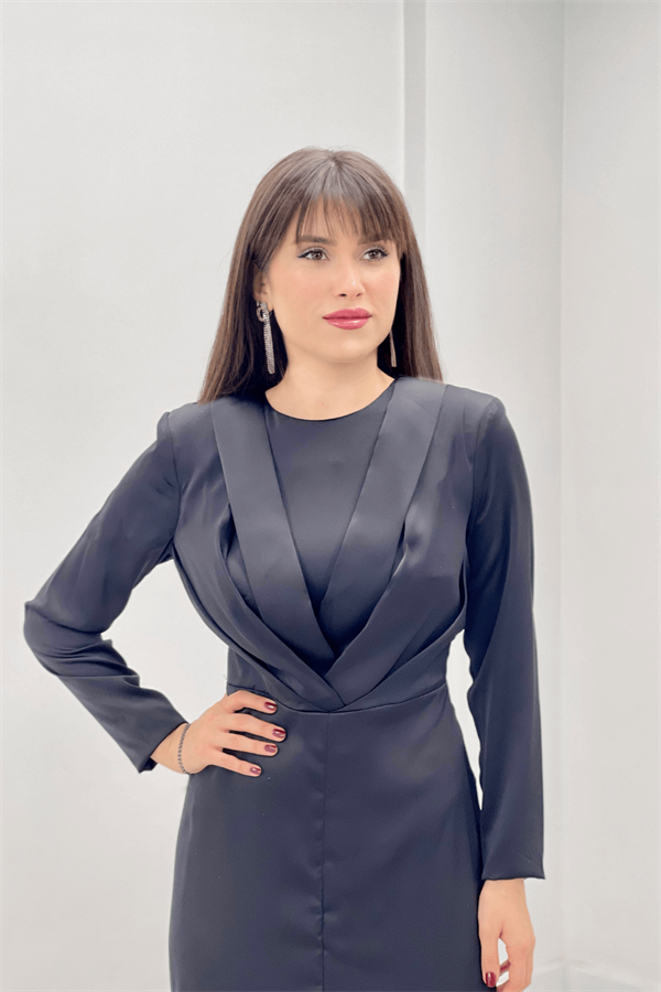 Saten Kumaş Pile Detaylı Tesettür Abiye Elbise - SİYAH