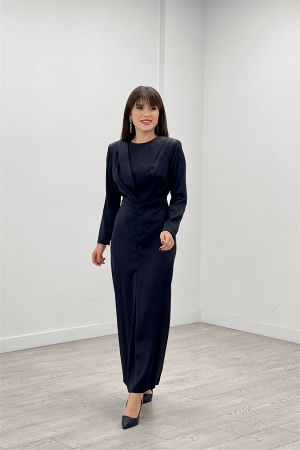 Saten Kumaş Pile Detaylı Tesettür Abiye Elbise - SİYAH