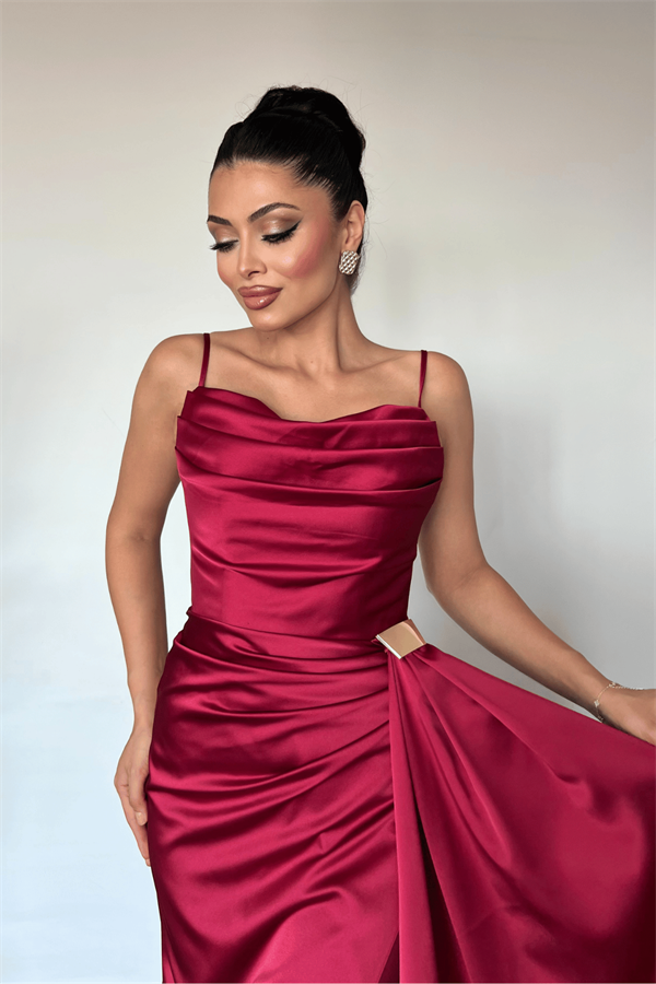 Saten Kumaş Şal Detaylı Abiye Elbise - BORDO