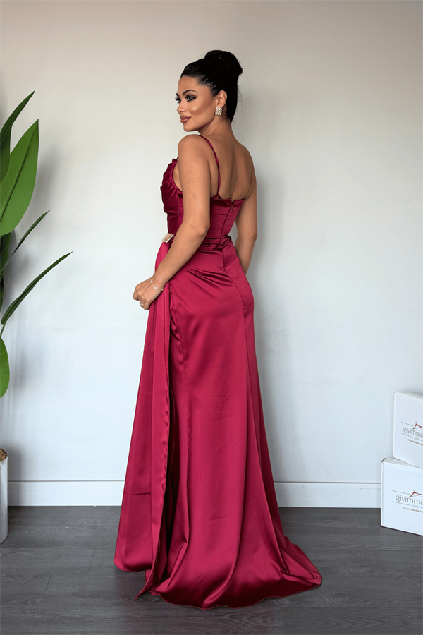 Saten Kumaş Şal Detaylı Abiye Elbise - BORDO