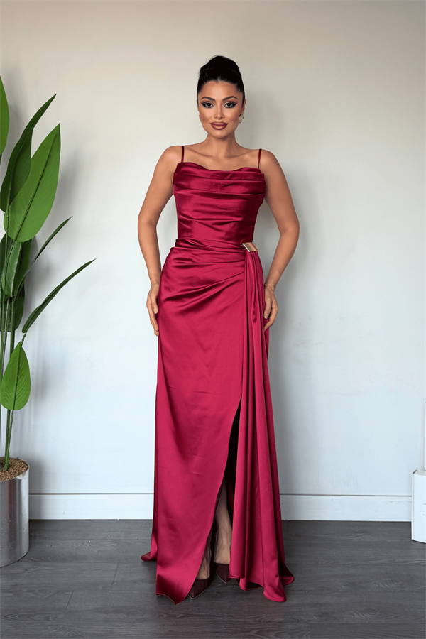 Saten Kumaş Şal Detaylı Abiye Elbise - BORDO