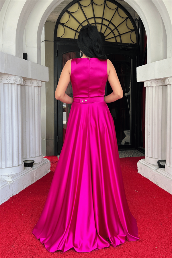 Saten Kumaş Sıfır Kol Abiye Elbise - FUŞYA