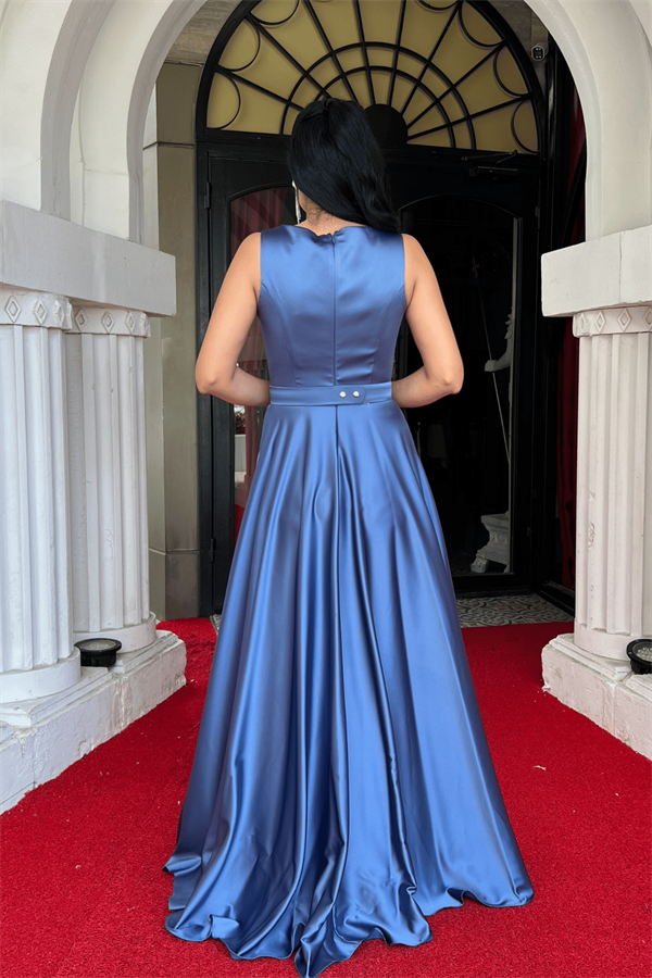 Saten Kumaş Sıfır Kol Abiye Elbise - İNDİGO MAVİ