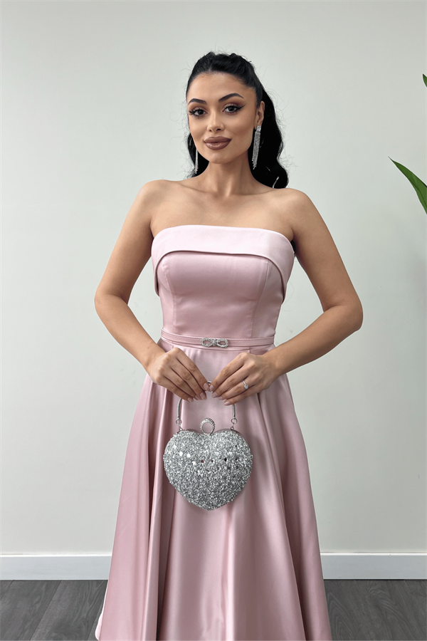 Saten Kumaş Sırt İp Detaylı Midi Elbise - PUDRA