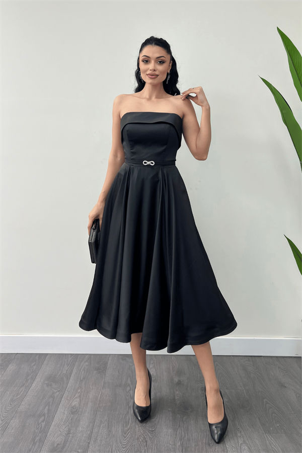 Saten Kumaş Sırt İp Detaylı Midi Elbise - SİYAH