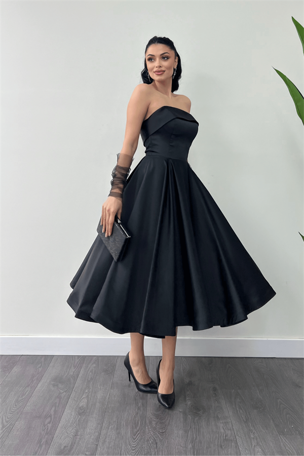 Saten Kumaş Sırt İp Detaylı Midi Elbise - SİYAH