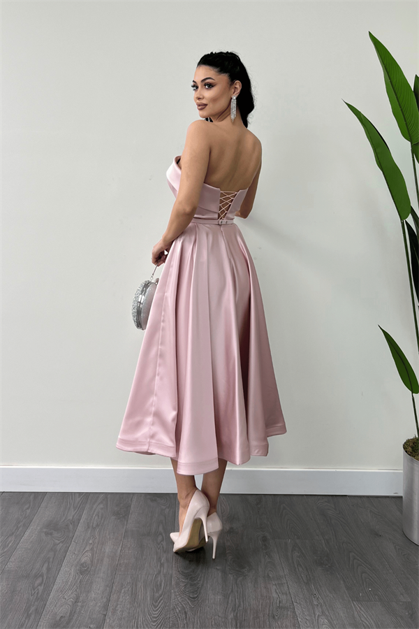 Saten Kumaş Sırt İp Detaylı Midi Elbise - PUDRA