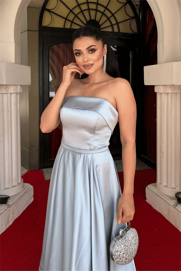 Saten Kumaş Sırt İp Detaylı Midi Elbise - BEBE MAVİSİ