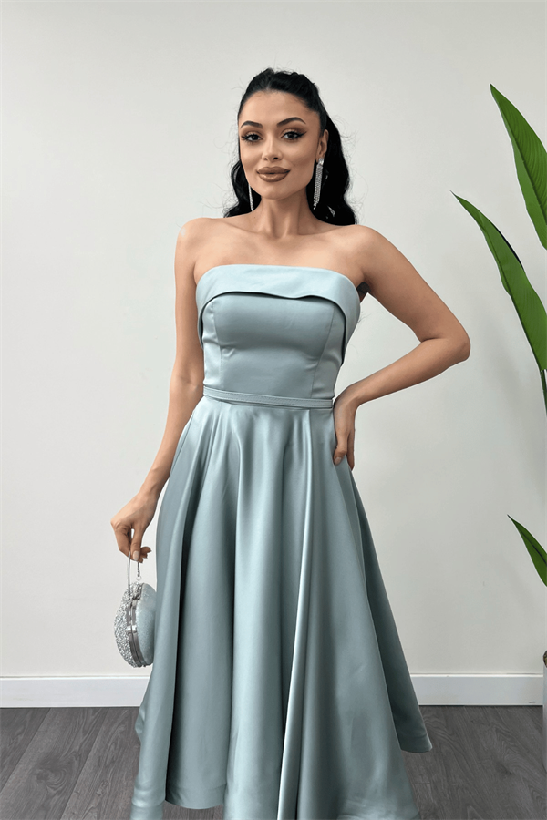 Saten Kumaş Sırt İp Detaylı Midi Elbise - MİNT YEŞİLİ