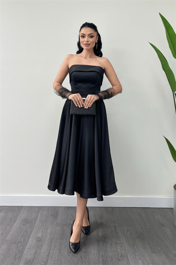 Saten Kumaş Sırt İp Detaylı Midi Elbise - SİYAH