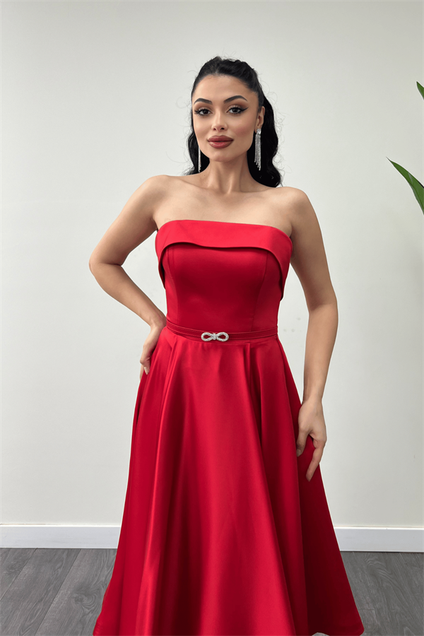 Saten Kumaş Sırt İp Detaylı Midi Elbise - KIRMIZI