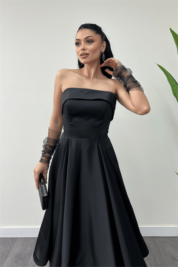 Saten Kumaş Sırt İp Detaylı Midi Elbise - SİYAH