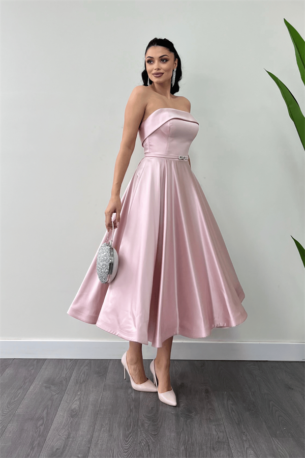 Saten Kumaş Sırt İp Detaylı Midi Elbise - PUDRA